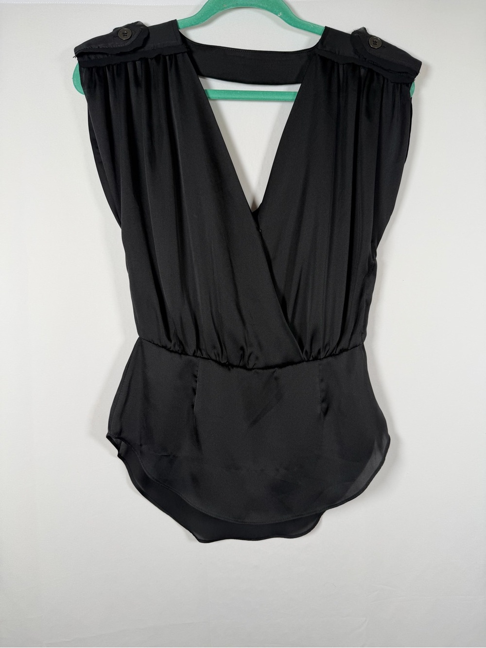 BCBGeneration Sleeveless Black Surplice Blouse Going Out, Coquette V Neck Top